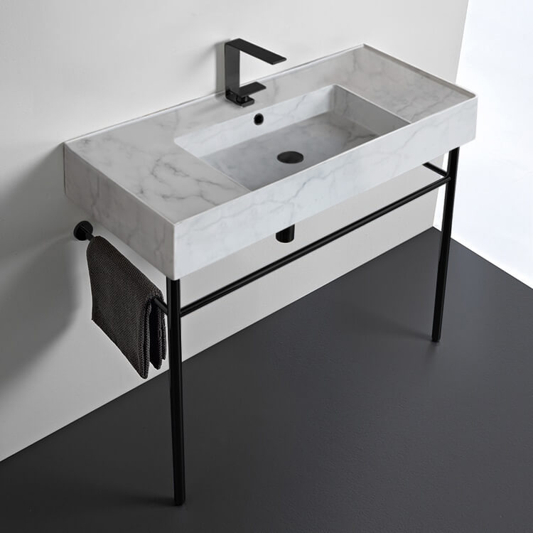 Scarabeo 5124-F-CON-BLK-One Hole Marble Design Ceramic Console Sink and Matte Black Stand